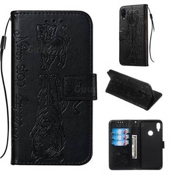 Embossing Tiger and Cat Leather Wallet Case for Xiaomi Mi Redmi Note 7 / Note 7 Pro - Black