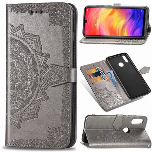 Embossing Imprint Mandala Flower Leather Wallet Case for Xiaomi Mi Redmi Note 7 / Note 7 Pro - Gray