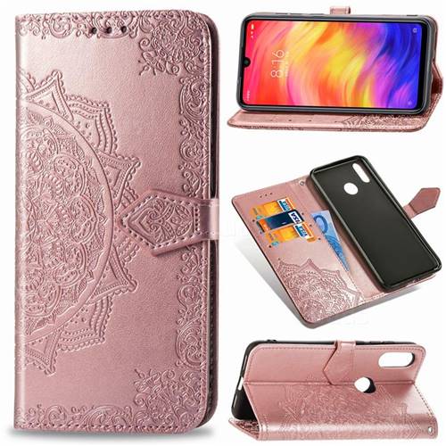 Embossing Imprint Mandala Flower Leather Wallet Case for Xiaomi Mi Redmi Note 7 / Note 7 Pro - Rose Gold
