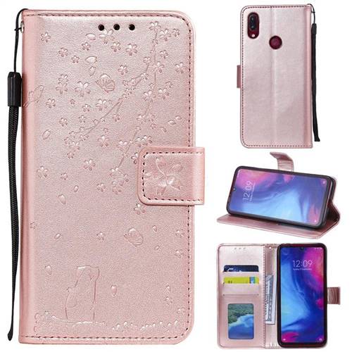 Embossing Cherry Blossom Cat Leather Wallet Case for Xiaomi Mi Redmi Note 7 / Note 7 Pro - Rose Gold