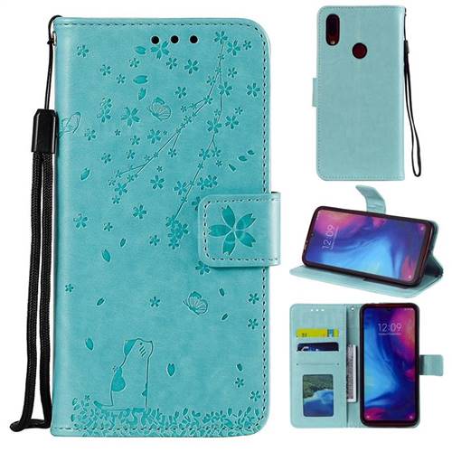 Embossing Cherry Blossom Cat Leather Wallet Case for Xiaomi Mi Redmi Note 7 / Note 7 Pro - Green