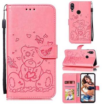 Embossing Butterfly Heart Bear Leather Wallet Case for Xiaomi Mi Redmi Note 7 / Note 7 Pro - Pink