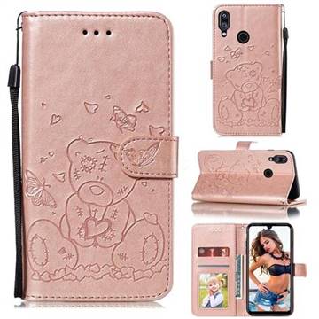 Embossing Butterfly Heart Bear Leather Wallet Case for Xiaomi Mi Redmi Note 7 / Note 7 Pro - Rose Gold