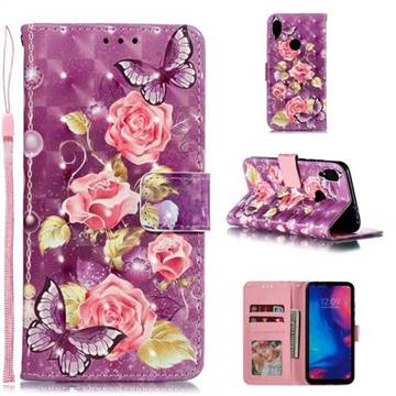 Purple Butterfly Flower 3D Painted Leather Phone Wallet Case for Xiaomi Mi Redmi Note 7 / Note 7 Pro