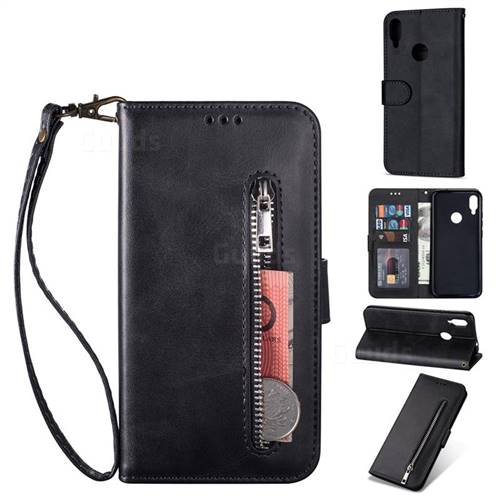 Retro Calfskin Zipper Leather Wallet Case Cover for Xiaomi Mi Redmi Note 7 / Note 7 Pro - Black