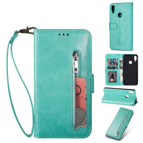 Retro Calfskin Zipper Leather Wallet Case Cover for Xiaomi Mi Redmi Note 7 / Note 7 Pro - Mint Green