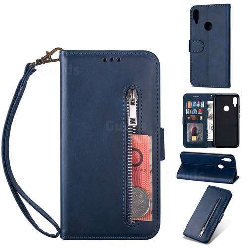 Retro Calfskin Zipper Leather Wallet Case Cover for Xiaomi Mi Redmi Note 7 / Note 7 Pro - Blue
