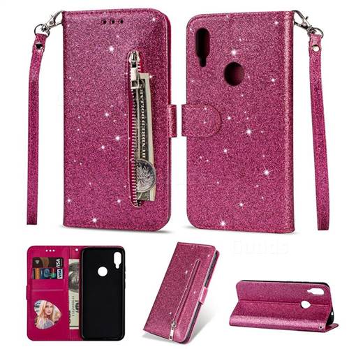 Glitter Shine Leather Zipper Wallet Phone Case for Xiaomi Mi Redmi Note 7 / Note 7 Pro - Rose