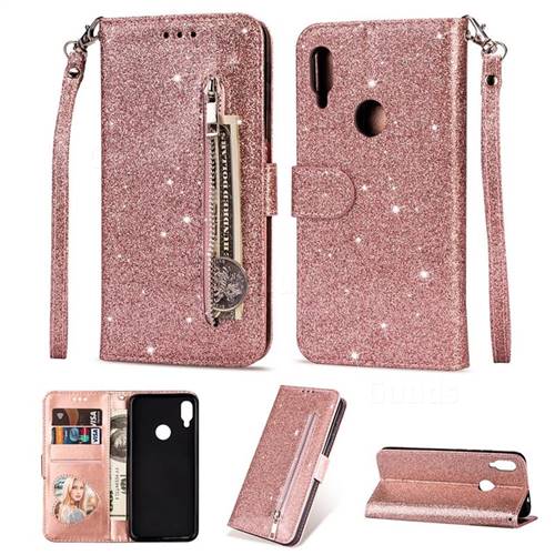 Glitter Shine Leather Zipper Wallet Phone Case for Xiaomi Mi Redmi Note 7 / Note 7 Pro - Pink