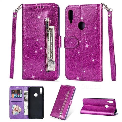 Glitter Shine Leather Zipper Wallet Phone Case for Xiaomi Mi Redmi Note 7 / Note 7 Pro - Purple