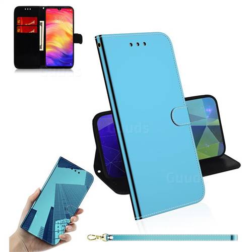 Shining Mirror Like Surface Leather Wallet Case for Xiaomi Mi Redmi Note 7 / Note 7 Pro - Blue