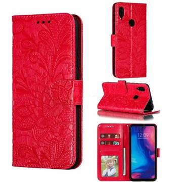 Intricate Embossing Lace Jasmine Flower Leather Wallet Case for Xiaomi Mi Redmi Note 7 / Note 7 Pro - Red