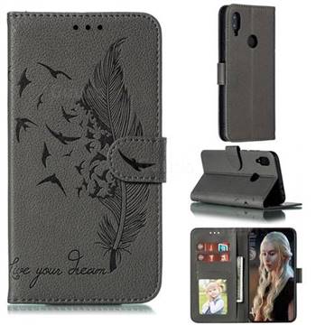 Intricate Embossing Lychee Feather Bird Leather Wallet Case for Xiaomi Mi Redmi Note 7 / Note 7 Pro - Gray