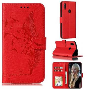 Intricate Embossing Lychee Feather Bird Leather Wallet Case for Xiaomi Mi Redmi Note 7 / Note 7 Pro - Red