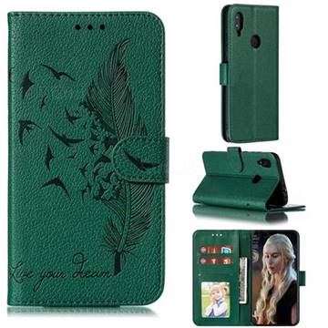 Intricate Embossing Lychee Feather Bird Leather Wallet Case for Xiaomi Mi Redmi Note 7 / Note 7 Pro - Green
