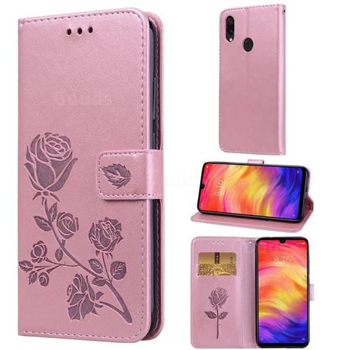 Embossing Rose Flower Leather Wallet Case for Xiaomi Mi Redmi Note 7 / Note 7 Pro - Rose Gold