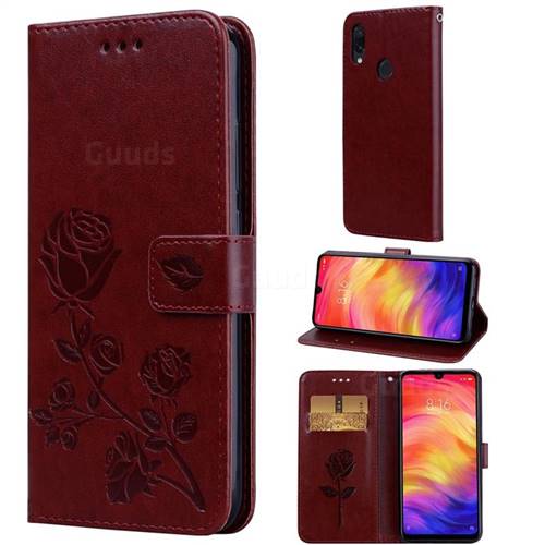 Embossing Rose Flower Leather Wallet Case for Xiaomi Mi Redmi Note 7 / Note 7 Pro - Brown