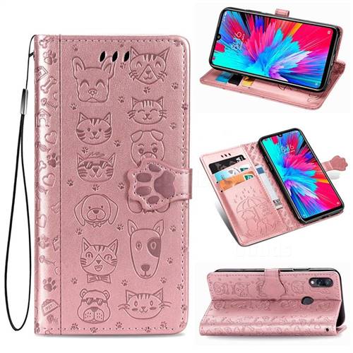 Embossing Dog Paw Kitten and Puppy Leather Wallet Case for Xiaomi Mi Redmi Note 7 / Note 7 Pro - Rose Gold