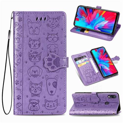 Embossing Dog Paw Kitten and Puppy Leather Wallet Case for Xiaomi Mi Redmi Note 7 / Note 7 Pro - Purple