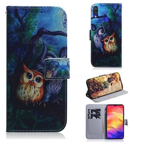 Oil Painting Owl PU Leather Wallet Case for Xiaomi Mi Redmi Note 7S