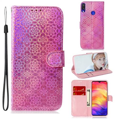 Laser Circle Shining Leather Wallet Phone Case for Xiaomi Mi Redmi Note 7S - Pink