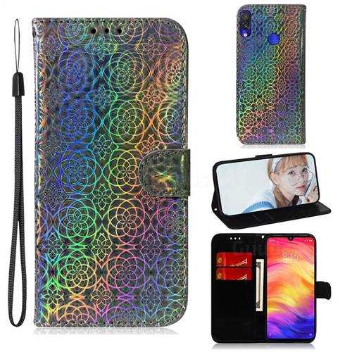 Laser Circle Shining Leather Wallet Phone Case for Xiaomi Mi Redmi Note 7S - Silver