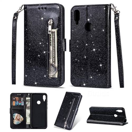 Glitter Shine Leather Zipper Wallet Phone Case for Xiaomi Mi Redmi Note 7S - Black