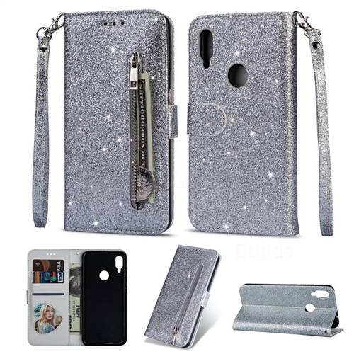 Glitter Shine Leather Zipper Wallet Phone Case for Xiaomi Mi Redmi Note 7S - Silver