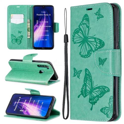 Embossing Double Butterfly Leather Wallet Case for Mi Xiaomi Redmi Note 8 - Green