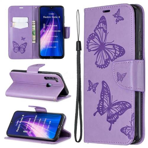 Embossing Double Butterfly Leather Wallet Case for Mi Xiaomi Redmi Note 8 - Purple