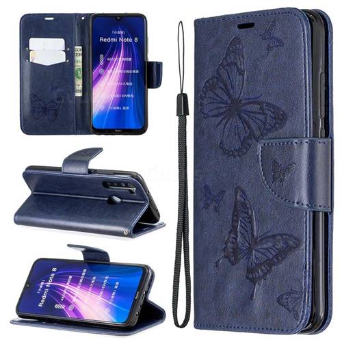 Embossing Double Butterfly Leather Wallet Case for Mi Xiaomi Redmi Note 8 - Dark Blue