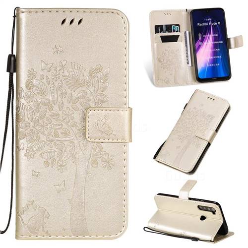Embossing Butterfly Tree Leather Wallet Case for Mi Xiaomi Redmi Note 8 - Champagne