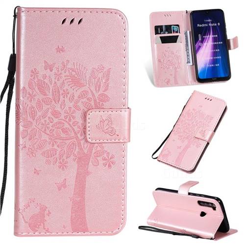 Embossing Butterfly Tree Leather Wallet Case for Mi Xiaomi Redmi Note 8 - Rose Pink