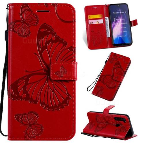 Embossing 3D Butterfly Leather Wallet Case for Mi Xiaomi Redmi Note 8 - Red