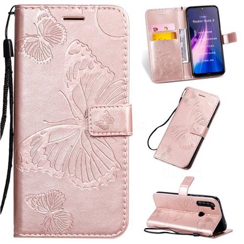 Embossing 3D Butterfly Leather Wallet Case for Mi Xiaomi Redmi Note 8 - Rose Gold