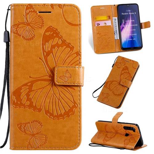 Embossing 3D Butterfly Leather Wallet Case for Mi Xiaomi Redmi Note 8 - Yellow