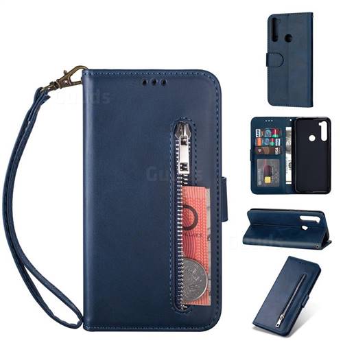Retro Calfskin Zipper Leather Wallet Case Cover for Mi Xiaomi Redmi Note 8 - Blue