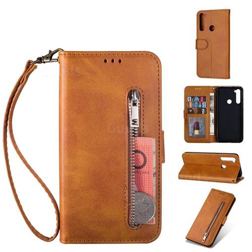 Retro Calfskin Zipper Leather Wallet Case Cover for Mi Xiaomi Redmi Note 8 - Brown
