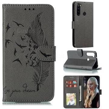 Intricate Embossing Lychee Feather Bird Leather Wallet Case for Mi Xiaomi Redmi Note 8 - Gray