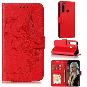 Intricate Embossing Lychee Feather Bird Leather Wallet Case for Mi Xiaomi Redmi Note 8 - Red