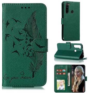 Intricate Embossing Lychee Feather Bird Leather Wallet Case for Mi Xiaomi Redmi Note 8 - Green