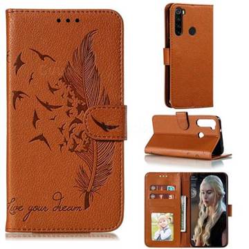 Intricate Embossing Lychee Feather Bird Leather Wallet Case for Mi Xiaomi Redmi Note 8 - Brown