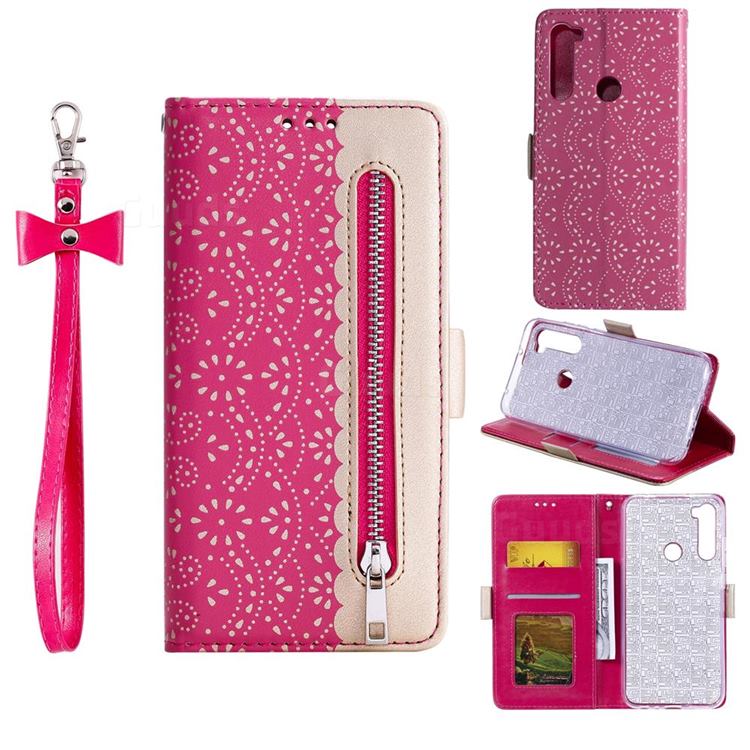 Luxury Lace Zipper Stitching Leather Phone Wallet Case for Mi Xiaomi Redmi Note 8 - Rose
