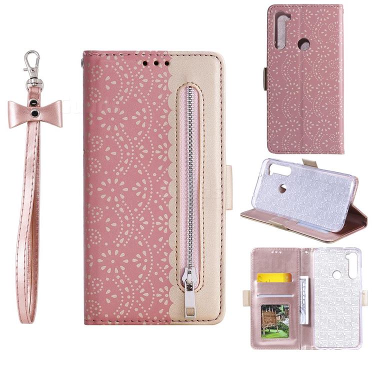 Luxury Lace Zipper Stitching Leather Phone Wallet Case for Mi Xiaomi Redmi Note 8 - Pink