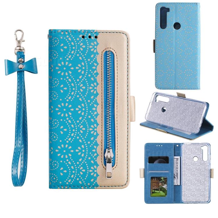 Luxury Lace Zipper Stitching Leather Phone Wallet Case for Mi Xiaomi Redmi Note 8 - Blue