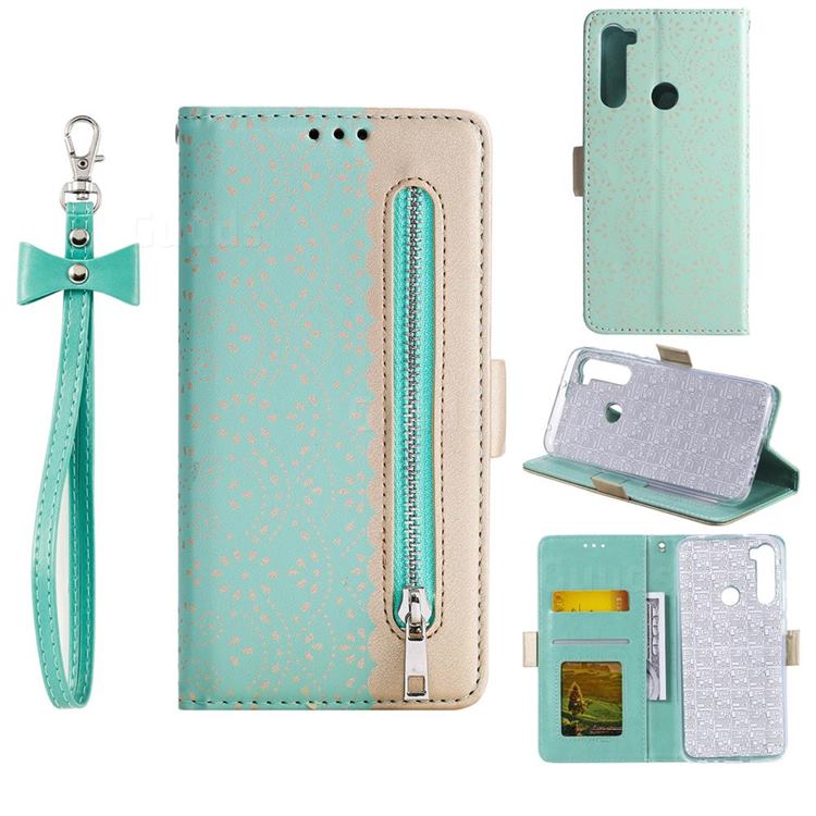 Luxury Lace Zipper Stitching Leather Phone Wallet Case for Mi Xiaomi Redmi Note 8 - Green