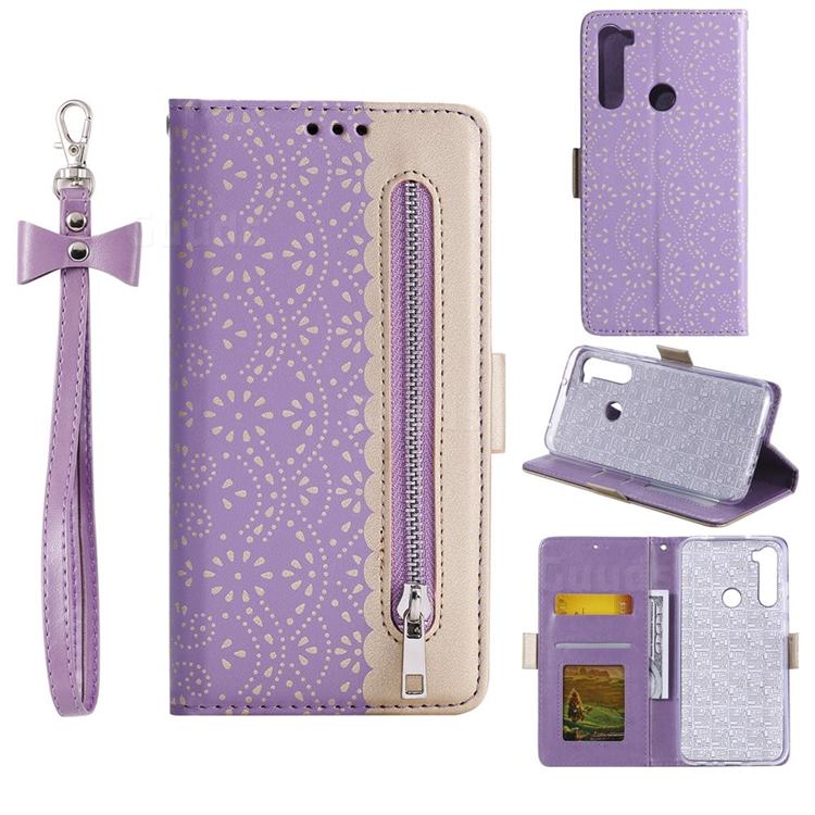 Luxury Lace Zipper Stitching Leather Phone Wallet Case for Mi Xiaomi Redmi Note 8 - Purple