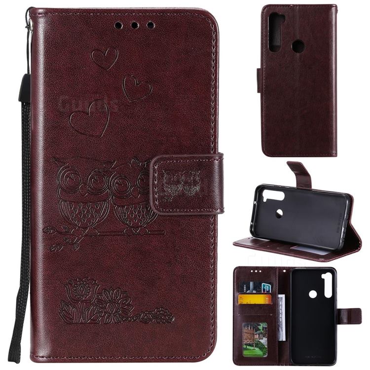 Embossing Owl Couple Flower Leather Wallet Case for Mi Xiaomi Redmi Note 8 - Brown