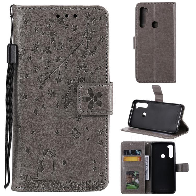 Embossing Cherry Blossom Cat Leather Wallet Case for Mi Xiaomi Redmi Note 8 - Gray