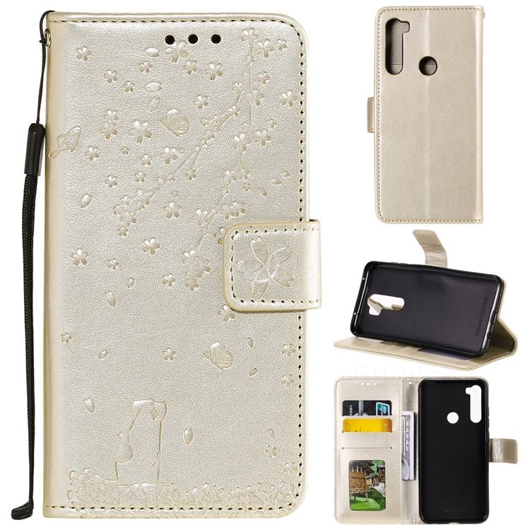 Embossing Cherry Blossom Cat Leather Wallet Case for Mi Xiaomi Redmi Note 8 - Golden